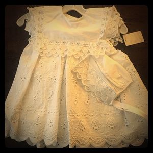 Baby Girl dress with attached bib and bonnet